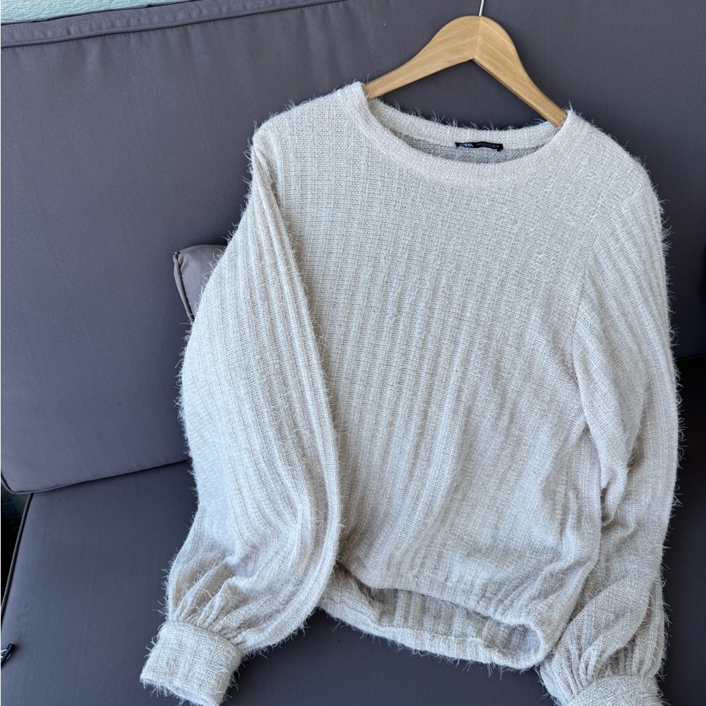 NWOT Zara Cream Ribbed Women's Sweater Cuffed Sleeve - Picture 4 of 8